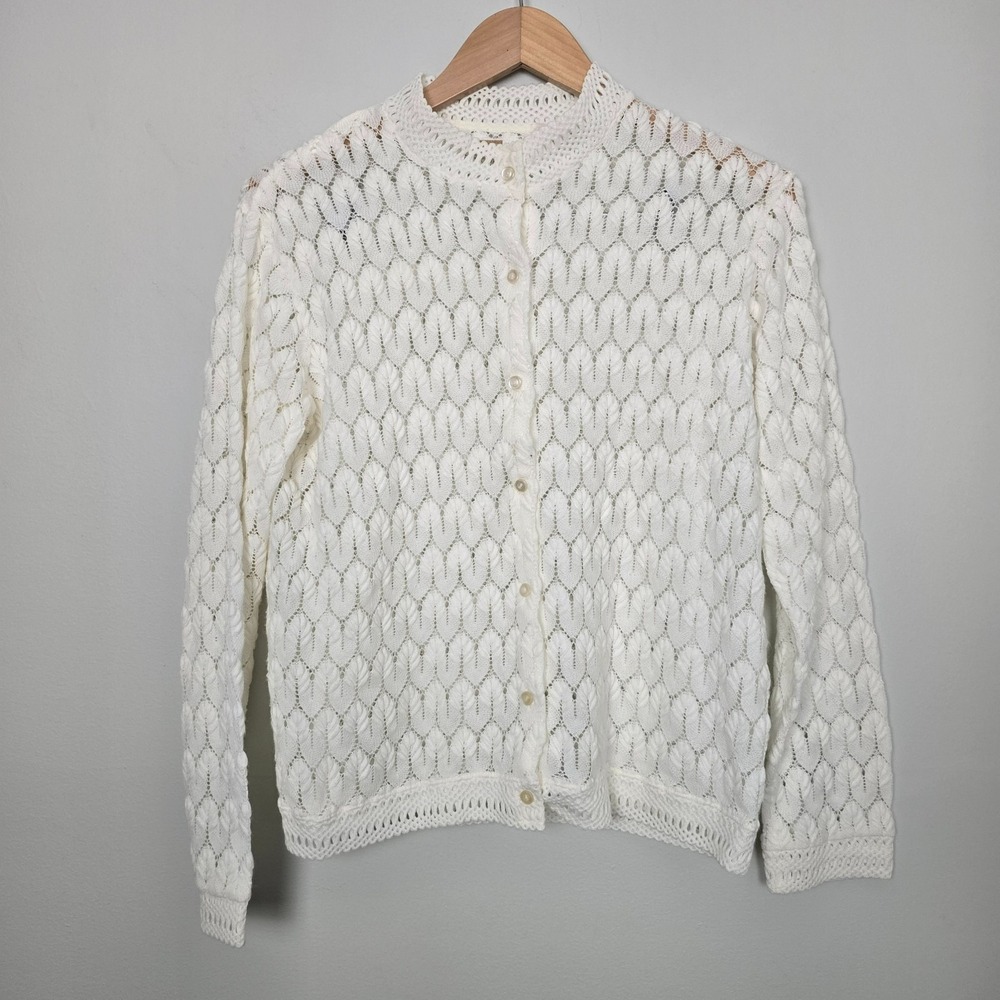VTG 70s Montgomery Ward Women Cardigan Large White Boho Cottagecore Coquette - Picture 2 of 12